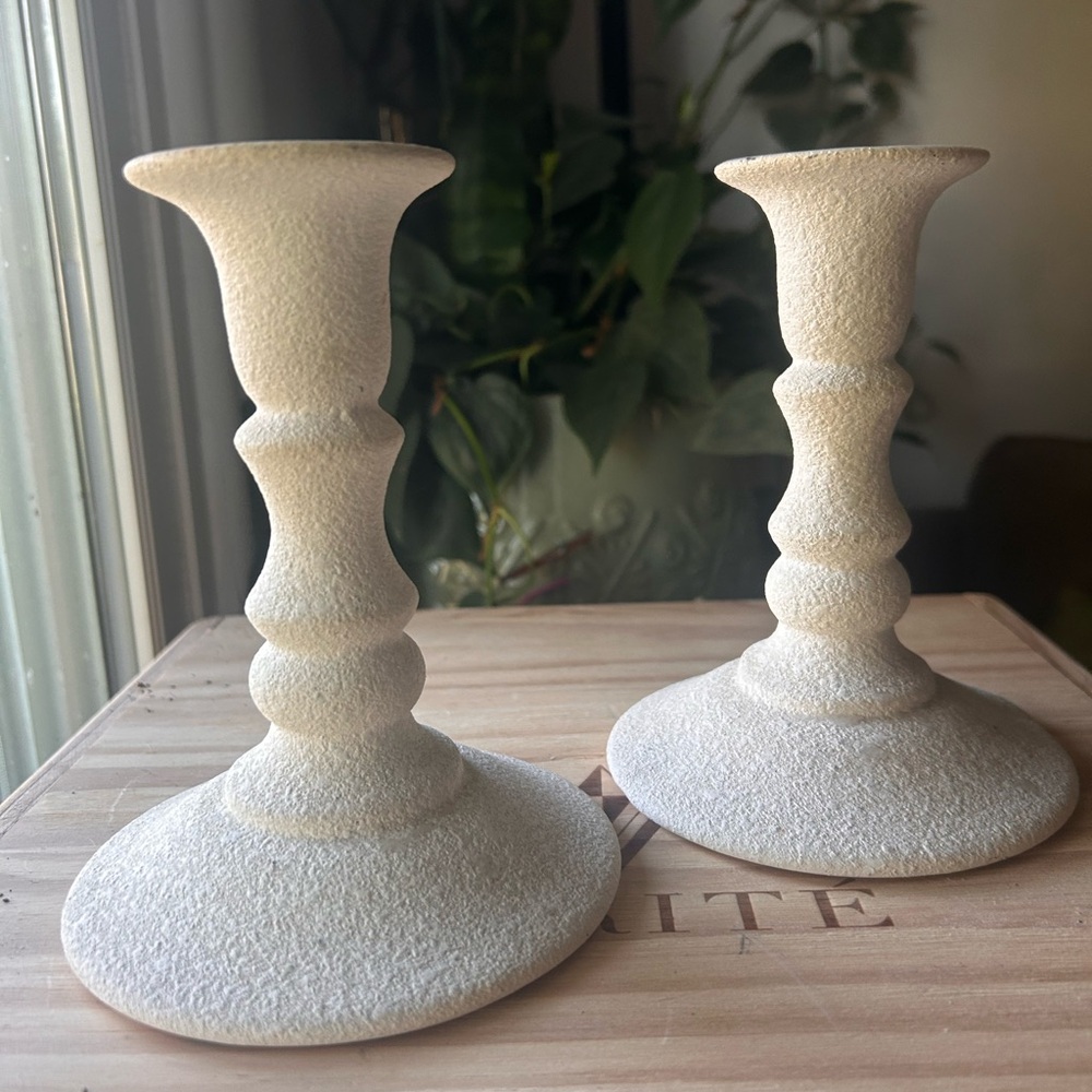 Vintage Haeger 1985 Textured Ivory Ceramic Candlestick Holders Pair